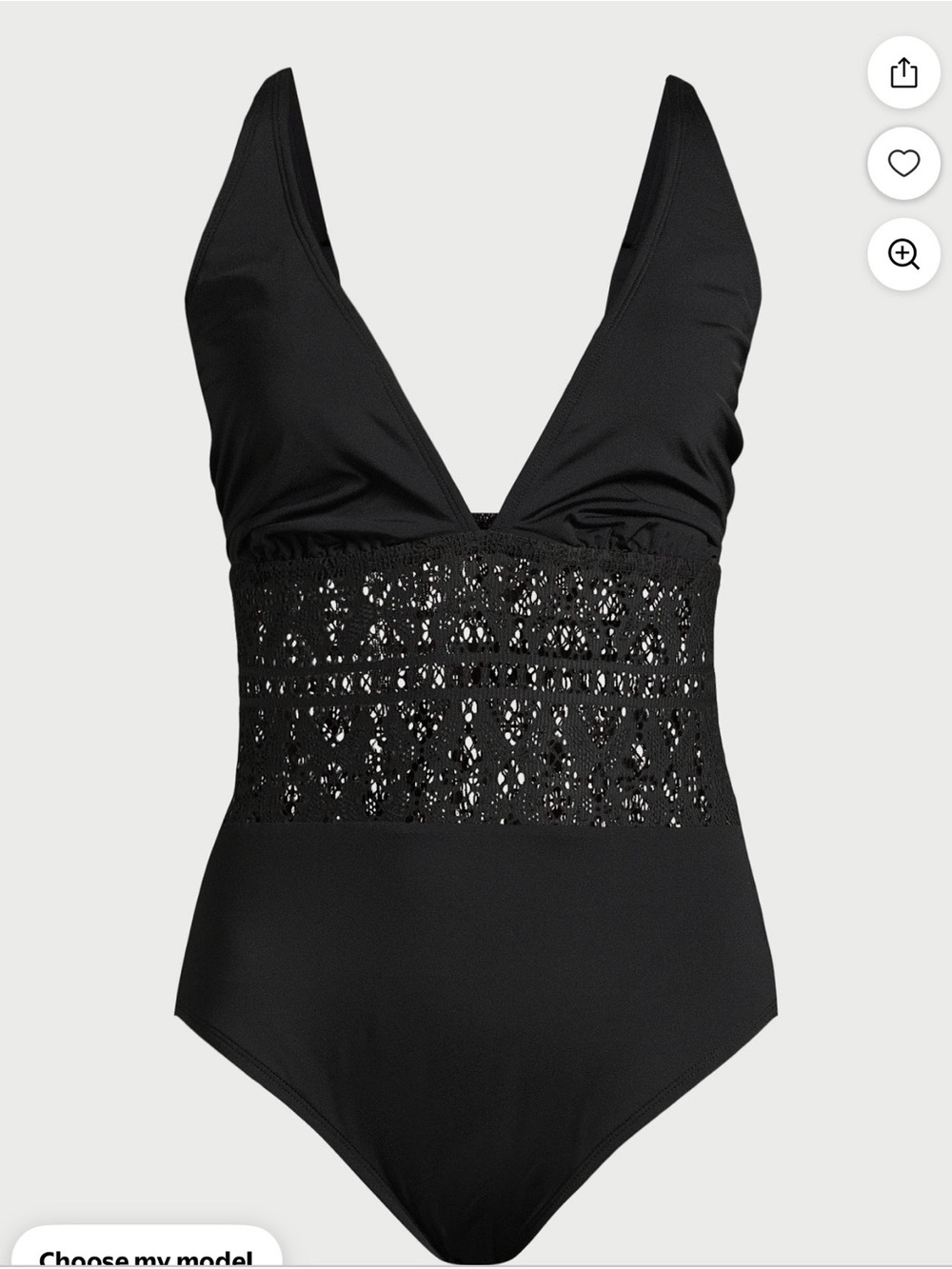 Time and Tru Black One-Piece Plunge Swimsuit with Crochet Waistband Large
